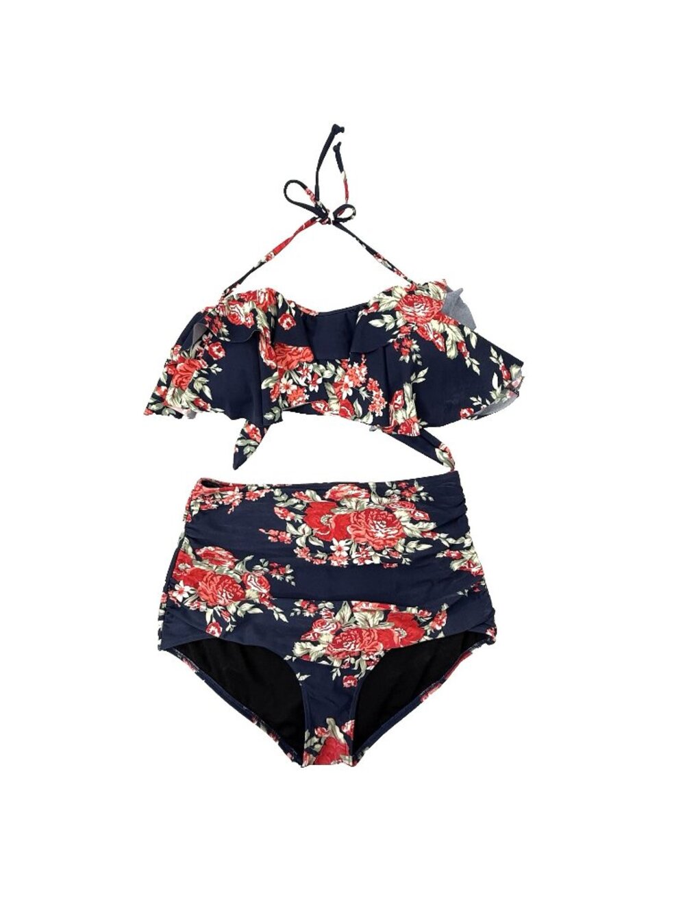 COCOSHIP Bikini Floral Bandeau High Waist Brief  Ruffled Top Womens XL Navy Blue